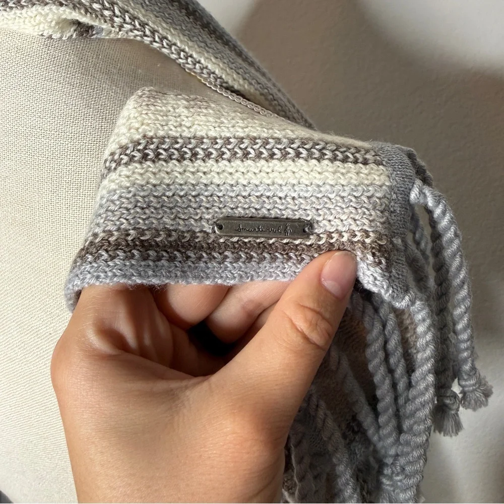 Smartwool Gray Cream Chevron Knit Scarf Twisted Fringe Soft Wrap Size OS